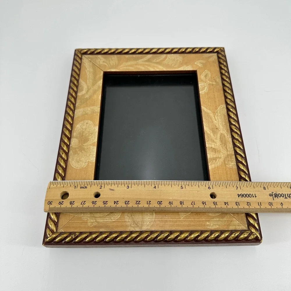 Vintage 5x7 Wood Picture Frame with Gold Rope Trim and Floral Inlay Decor